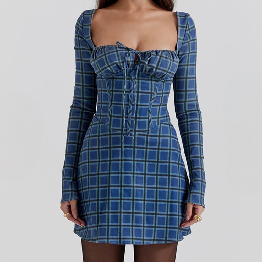 MALIKA BLUE TARTAN CORSET MINI DRESS - Picture 3 of 11